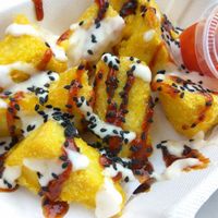 Crispy tofu (so good!) with mayo, and siracha swapped for reggae reggae sauce at Land and Sea Fish and Chip Shop in Polmont