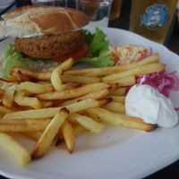 Chickpea burger with baguette bread, french fries... Really sad food at Pråmen in Ahus