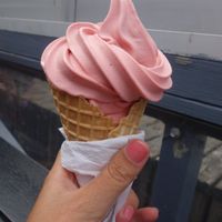 Soft strawberry icecream in a cone at Pråmen in Ahus