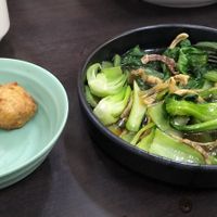 3 sotong balls eaten by us and a bowl of seasonal vegetables. at Rice House 谷王栈( 粥大王) in Central Singapore