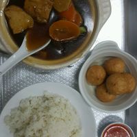 "cheese" balls and vege stew at Rice House 谷王栈( 粥大王) in Central Singapore