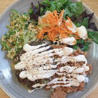 Jackfruit bulgogi, Fritter and salads $16.00 at Friends of the Earth Cafe in Collingwood
