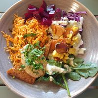 Tempeh, delicious beetroot etc at Friends of the Earth Cafe in Collingwood