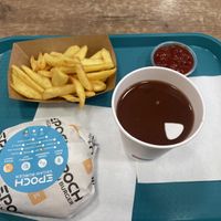 Bbq burger, chips and cherry juicee  at Epoch Vegan Burger in Budapest