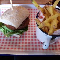 Spicy bean burger and chips at The Peak Hotel in Castleton