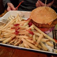 Spiced falafel burger topped with red pepper and chickpea hummus at The Peak Hotel in Castleton