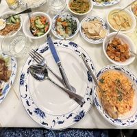 All vegan rice table dishes (apart from the egg!)  at Indrapura in Amsterdam