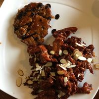 Crispy sweet n sour with almond flakes on the right; grilled piece w BBQ sauce at Bitgaram Vegan Buffet 빛가람채식뷔페" in Chungju