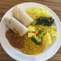 Plate with all of the available items from the vegan lunch buffet.   at Queen Sheba in Sacramento