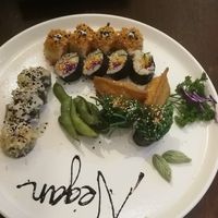 Sushi set. Half eaten deepfried mushroom dish on the back at Sushi Kitchen in Penang