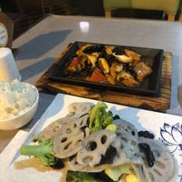 white rice, spicy sizzeling tofu with veggies and lotus root at Shuizhong Liansushi - Lotus Veg in Suzhou