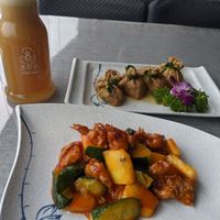 SweetSour spare ribs. Tofu skin pockets with veg. Apple juice. (82Y) at Shuizhong Liansushi - Lotus Veg in Suzhou