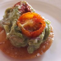 Avocado chipotle chilli & sundried tomato on crisp tortilla at The Tea Room at The Midland Hotel in Manchester