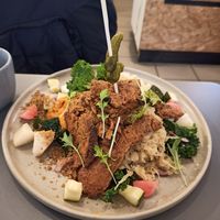 Seiten with mashed potatoes, sauerkraut, 'cheese'-onion-sauce, pickles, cabbage and bread crumbs at Wilk Syty in Wroclaw