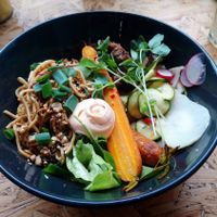 pulled pork imitation with baked carrot, vegan mayo and noodles at Wilk Syty in Wroclaw