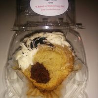 Vegan vanilla oreo cupcake, with surprise chocolate filling at Crumbville in Houston