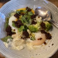 Poached eggs with veges, polenta, cream sauce  at Lluvia in Alicante