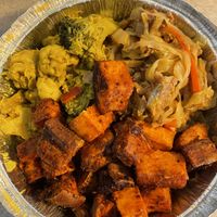 Ginger chicken, sweet potatoes, curry mixed vegetables  at Ninth Square Market Caribbean Style in New Haven