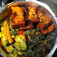 Jerk Tofu, curry veggies, greens at Ninth Square Market Caribbean Style in New Haven