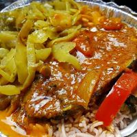 ";Fish";Curry (no coconut milk), cabbage, rice and peas at Ninth Square Market Caribbean Style in New Haven