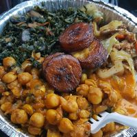 Ginger ";chicken";, kale, curry chickpeas, plantains, homemade hot sauce at Ninth Square Market Caribbean Style in New Haven