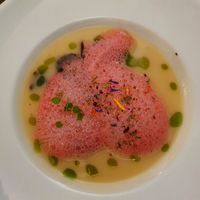 Cremy white cabbage soup with shiitake mushrooms & purple carrot foam at Farbenfroh in Essen