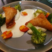 Dumplings filled with sauerkraut, black salsify puree, peppers on onion beer sauce at Farbenfroh in Essen