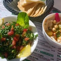 Tabbouleh and hummus + pita bread at El Rincon de Beirut in Sevilla