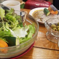salad, small curry that came as a set with the salad, olives, soy cheese, fries at Minami Aoyama Yasai Kichi in Yokohama