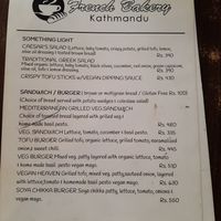 Vegan menu at French Bakery in Kathmandu