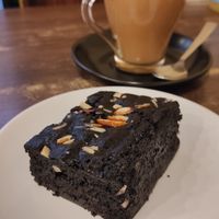 Vegan brownie and soya masala tea at French Bakery in Kathmandu