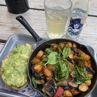 One pan has mushrooms and avo  at Wayland's Yard in Worcester