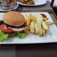 Veggie burger and chips at The Corra Linn in Salou