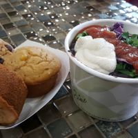 No coast bowl, vegan muffins & vegan chocolate chip cookie in compostable packaging at The Full Bowl in Cedar Rapids