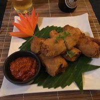 Deep fried bamboo sprouts stuffed with tofu  at Bamboo Tree Lao Cooking School and Restaurant in Luang Prabang