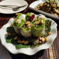 The 'yummy salad' - eggplant and water weeds rice paper rolls at Bamboo Tree Lao Cooking School and Restaurant in Luang Prabang