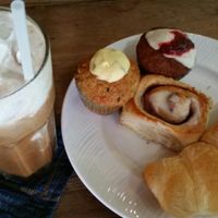 muffins, cinnamon roll, croissant and an iced cappuccino at Blue Diamond in Chiang Mai
