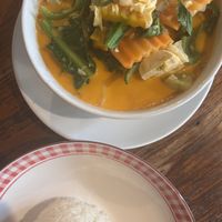 Red curry with vegetables, tofu and organic ricee  at Blue Diamond in Chiang Mai