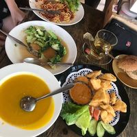 All vegan - pumpkin soup, deep fried tofu with peanut sauce, broccoli & garlic, tomato pasta  at Blue Diamond in Chiang Mai