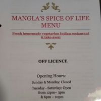 Front of Menu at Mangla's Spice of Life in Cardiff