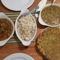 Delicious good Mixed Veg and moong dhall, rice and thepla roti at Mangla's Spice of Life in Cardiff