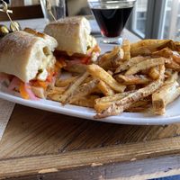 Tofu Bahn mi with truffle fries and espresso martini. All vegan    at Tin Pan Alley in Provincetown