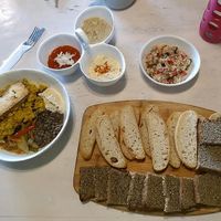 Mediterranean platter and biryani rice with lentils and sweet peppers at Capricho Sin Culpa in Queretaro