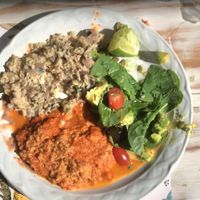 Delicious take-out: quinoa cream with roasted tomatoes, risotto with different mushrooms and salad. 😋 at Capricho Sin Culpa in Queretaro