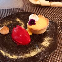Lemon meringue pie with raspberry sorbet  at Mandala in Belgrade