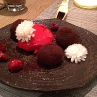 Chocolate truffles with fresh elderberry ice cream at Mandala in Belgrade