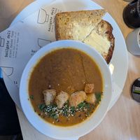Parsnip and squash soup with buttered sourdough bread. at Bailgate Deli in Lincoln