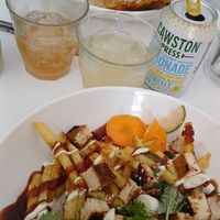 Roasted Peach Salad. Loaded Fries. 5⭐ at Bailgate Deli in Lincoln