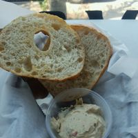 Bagel with a side of olive cream cheede at Morels Cafe in Louisville