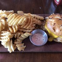 Farby with waffle fries. Epic! at Morels Cafe in Louisville